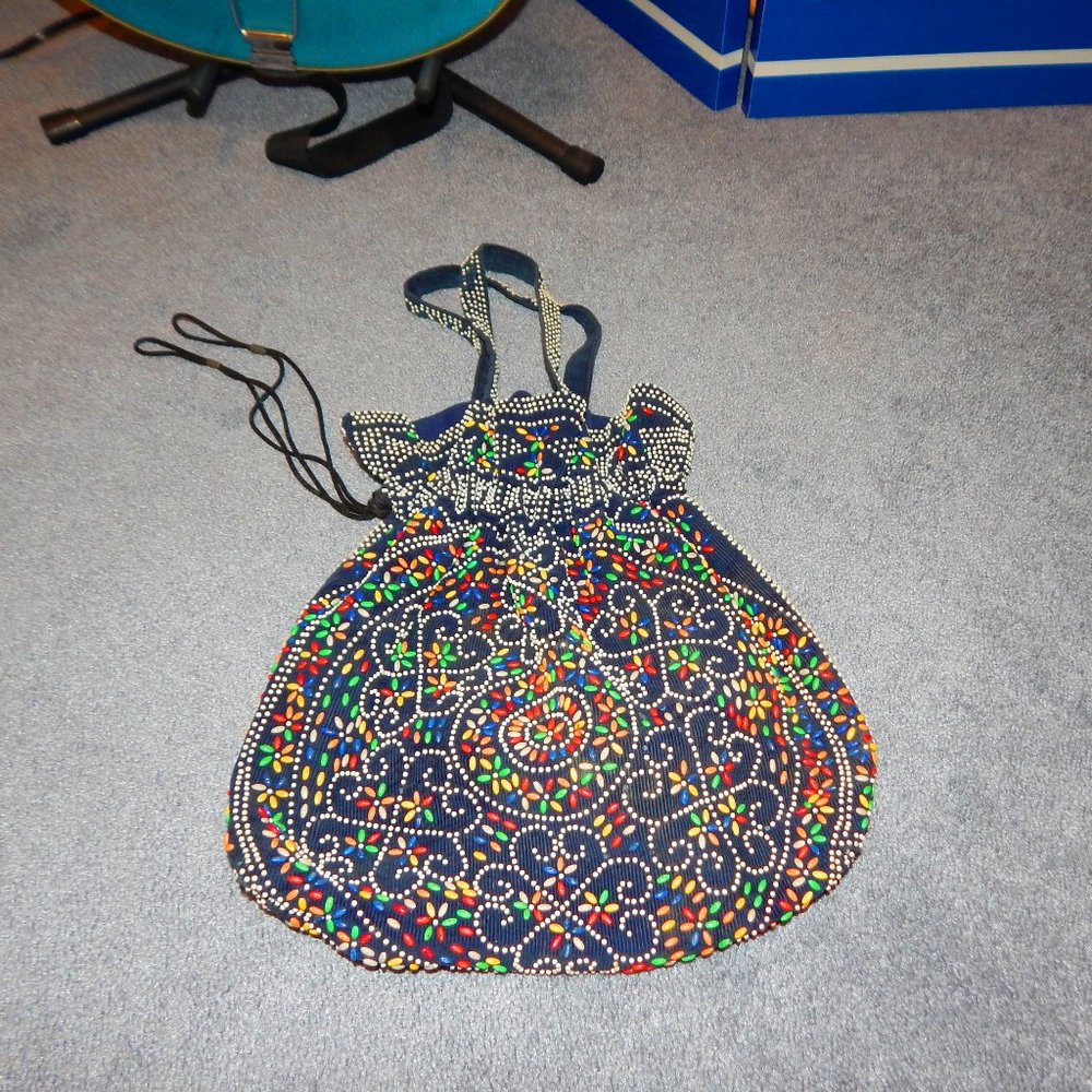 Vintage Beaded Drawstring Bag large size